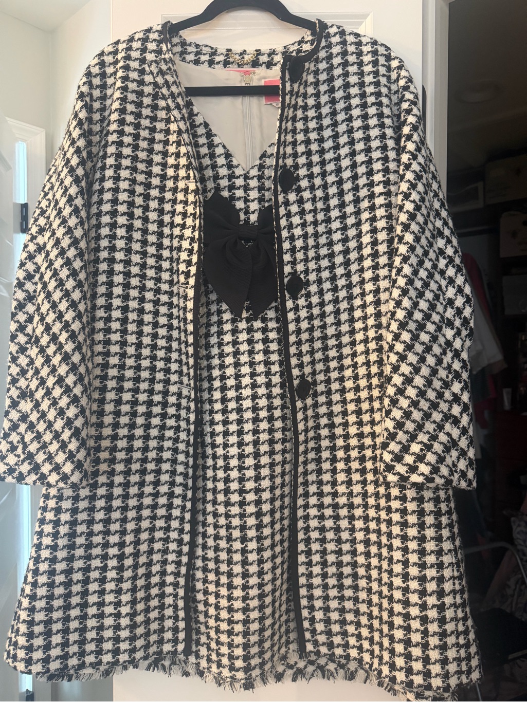 Kate Spade Black And White Houndstooth Long Coat And Dress Set